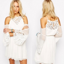 Sexy Off-shoulder Lace Spliced Trumpet-sleeve Chiffon Dress