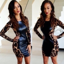 Fashion Long Sleeve Round Neck PU Leather Spliced Leopard Dress