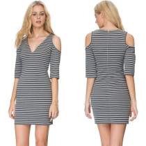 Sexy Off-shoulder V-neck Half Sleeve Striped Dress
