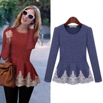 Fashion Long Sleeve Round Neck Lace Spliced Hem Knitted T-shirt