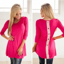 Fashion Solid Color Round-neck 3/4 Sleeve Lace Spliced Button Dress