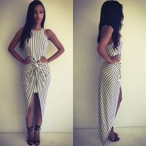 Fashion Sleeveless Black-white Stripe Irregular Pleated Dress