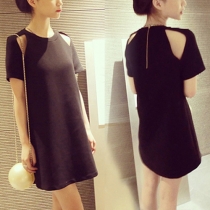 Fashion Solid Color Fit Round-neck Hollow Back Zip Dress