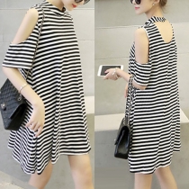 Sexy Round-neck Hollow Back Off-shoulder Black-white Stripe Dress