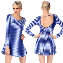 Sexy Backless Long Sleeve Round Neck Slim Fit Striped Dress