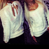 Sexy Backless Bowknot Lace-up Hollow Out Long Sleeve Knitted Pullover Sweater