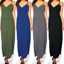 Fashion Solid Color V-neck Sling Maxi Dress