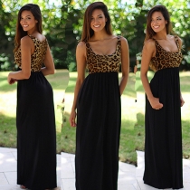 Fashion Sleeveless Round Neck Leopard Spliced Chiffon Maxi Dress