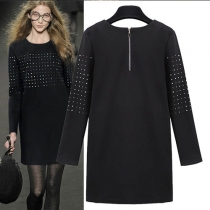 Punk Style Long Sleeve Round Neck Rivets Bottoming Dress