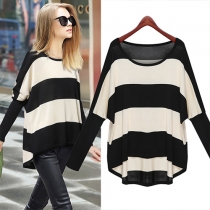 Fashion Bat Sleeve High-low Hem Striped Sweater