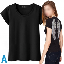 Fashion Lace Spliced Short Sleeve Round Neck Wings Printed T-shirt