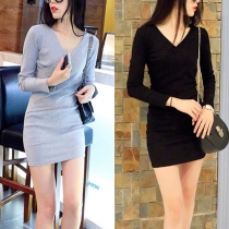 Fashion Solid Color V-neck Long Sleeve Slim Fit Dress