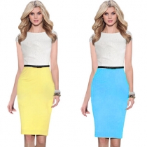 Fashion Contrast Color Lace spliced Short Sleeve Slim Fit Dress