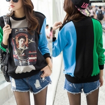 Fashion Contrast Color Long Sleeve Round Neck Printed Sweatshirt