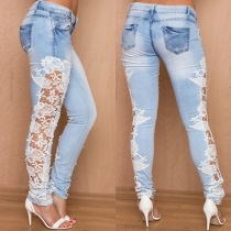 Sexy Hollow Out Lace Spliced Low-waist Skinny Jeans