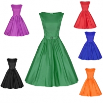 Elegant Solid Color Sleeveless Round Neck Gathered Waist Dress