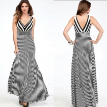 Sexy Backless Deep V-neck High Waist Striped Maxi Dress