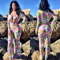 Sexy Deep V-neck Long Sleeve Floral Print Jumpsuits