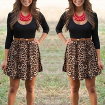 Fashion Leopard Spliced Long Sleeve Round Neck Dress with Waistband