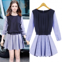 Fashion Contrast Color Long Sleeve Round Neck Striped Spliced Dress