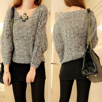 Fashion Solid Color Bat Sleeve V-neck Hollow Out Knitted Sweater