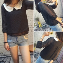 Sweet Style Lace Spliced Doll Collar Long Sleeve Dots Printed Chiffon Tops