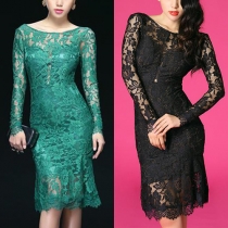 Sexy Solid Color Long Sleeve Backless Lace Spliced See-though Mermaid Dress
