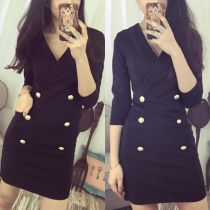 Fashion Solid Color 3/4 Sleeve V-neck Double-breasted Sheathy Mini-dress