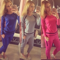 Fashion Contrast Color Round Neck Long Sleeve Tops+ Pants Casual sets