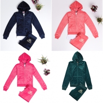 Fashion Solid Color Hooded Embroidery Velvet Sports Suit