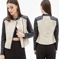 Fashion Contrast Color Oblique Zipper Slim Fit PU Leather Jacket