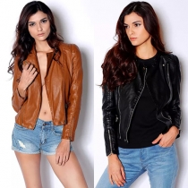 Fashion Solid Color Long Sleeve Slim Fit PU Leather Jacket