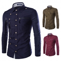 Fashion Solid Color Long Sleeve Single-breasted POLO Collar Men's Shirt