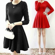 Fashion Solid Color Long Sleeve Round Neck Knitted A-line Dress