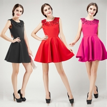 Elegant Solid Color Sleeveless Rhinestone Round Neck Slim Fit A-line Dress