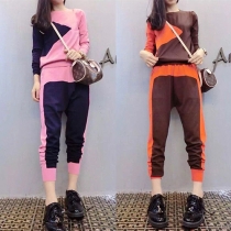 Fashion Contrast Color Long Sleeve Sweatshirt + Harem Pants Two-piece Set