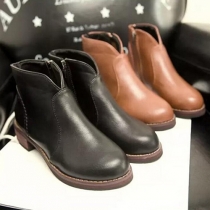 British Style Round Toe Flat Heel Side Zipper Ankle Boots