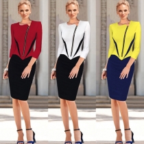 Fashion Contrast Color 3/4 Sleeve Slim Fit Dress