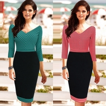 OL Style Contrast Color V-neck 3/4 Sleeve Slim Fit Striped Pencil Dress