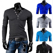 Fashion Solid Color Long Sleeve V-neck Men's T-shirt
