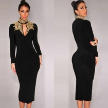 Sexy Hollow Out Turtleneck Long Sleeve Bodycon Dress