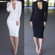 Sexy Hollow Out Round Neck Long Sleeve Solid Color Bodycon Dress