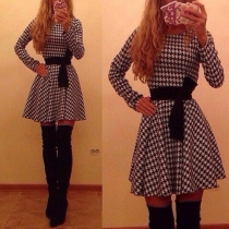 Fashion Long Sleeve Round Neck Slim Fit Houndstooth Dress