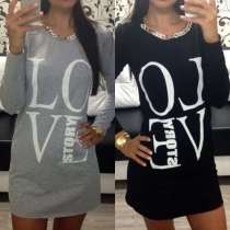 Fashion LOVE Letters Printed Long Sleeve Round Neck Slim Fit Dress