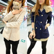 Fashion Faux Fur Collar Double-breasted Slim Fit Woolen Coat