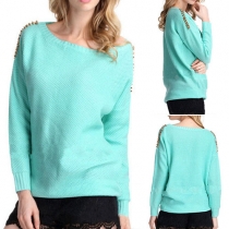 Fashion Long Sleeve Round Neck Solid Color Rivets Knitted Sweater