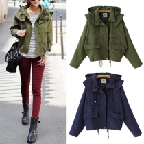 Navy Style Solid Color Long Sleeve Hooded Jacket