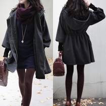 Fashion Solid Color Gathered Waist Hooded Woolen Coat
