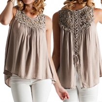 Fashion Hollow Out Lace Crochet Spliced Sleeveless Round Neck Tops