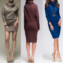 Elegant Solid Color Long Sleeve Turtleneck Slim Fit Dress